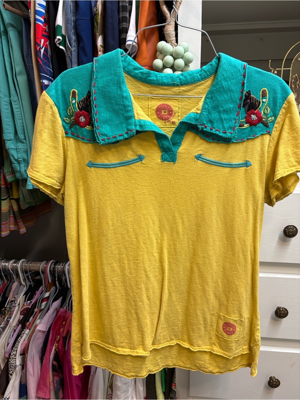 Double D Ranch Yellow Tee with Teal Embroidered Collar